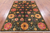 Black William Morris Handmade Wool Area Rug - 6' 2" X 9' 1" - Golden Nile