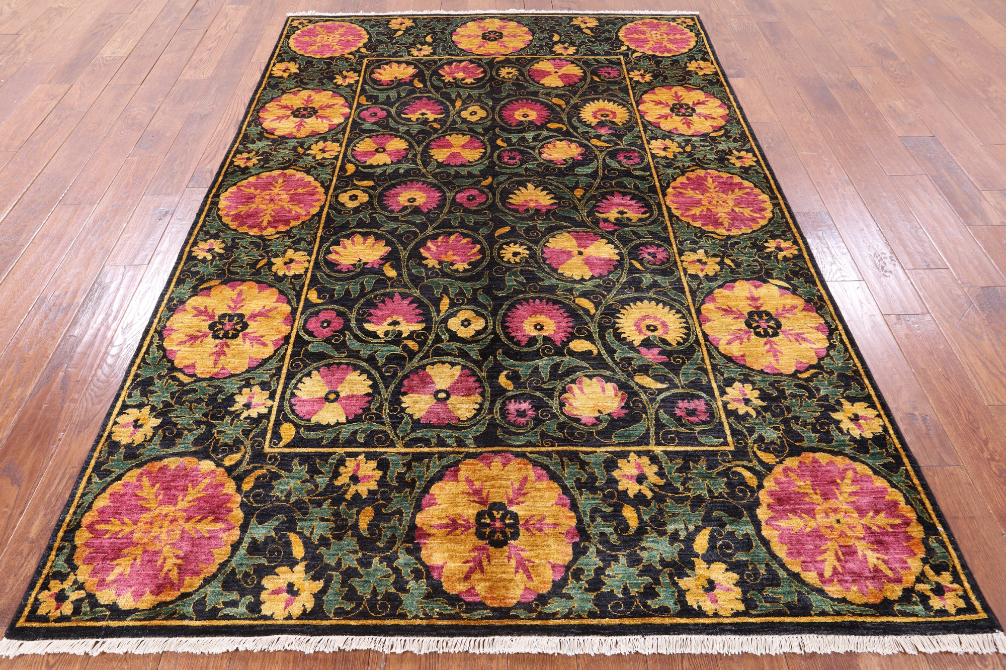 Black William Morris Handmade Wool Area Rug - 6' 2" X 9' 1" - Golden Nile