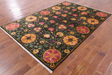 Black William Morris Handmade Wool Area Rug - 6' 2" X 9' 1" - Golden Nile