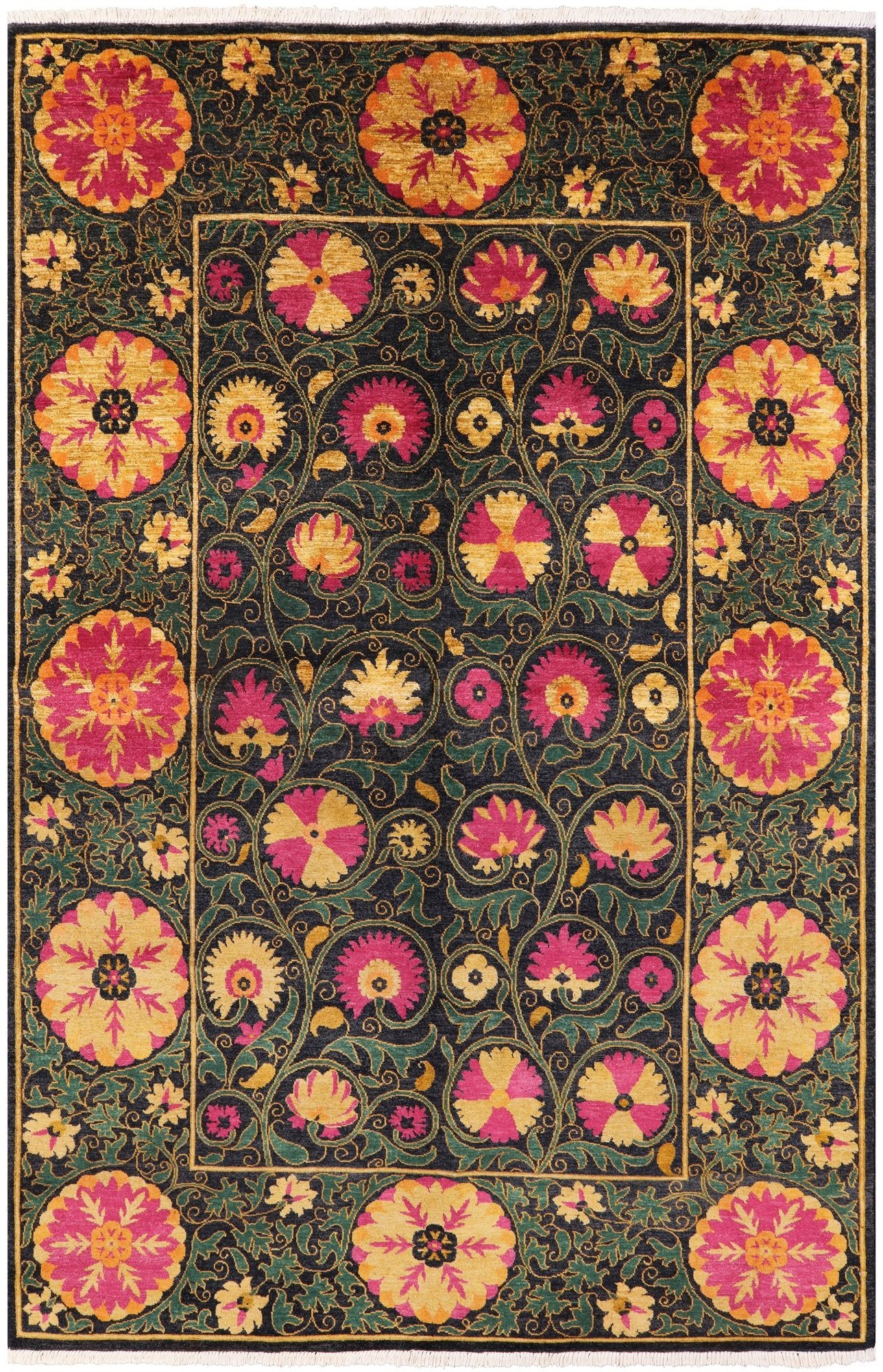 Black William Morris Hand Knotted Wool Area Rug - 6' 2" X 9' 6" - Golden Nile