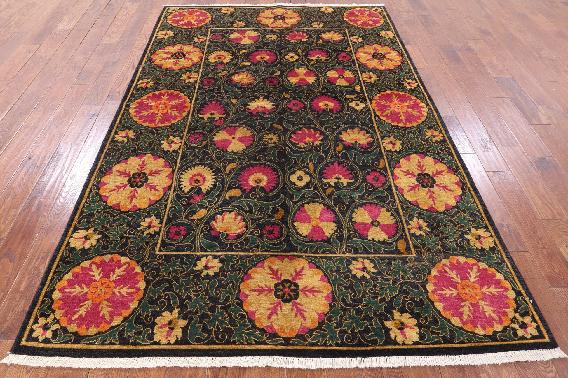 Black William Morris Hand Knotted Wool Area Rug - 6' 2" X 9' 6" - Golden Nile