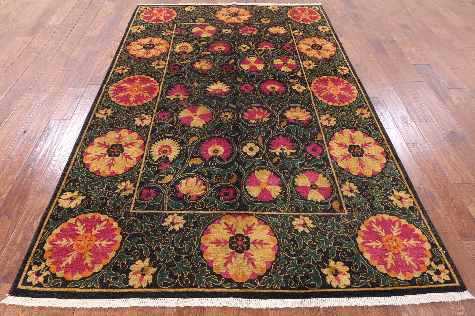 Black William Morris Hand Knotted Wool Area Rug - 6' 2" X 9' 6" - Golden Nile