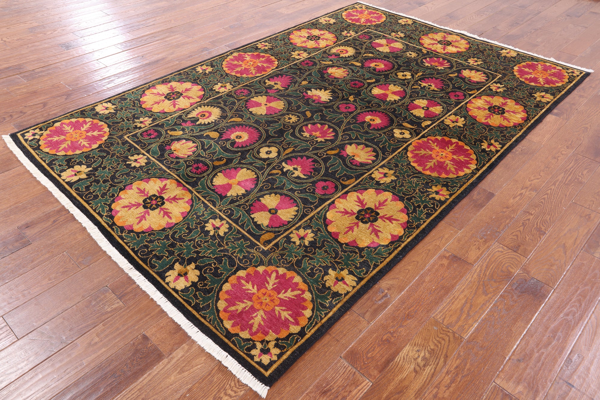 Black William Morris Hand Knotted Wool Area Rug - 6' 2" X 9' 6" - Golden Nile