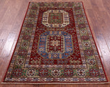 Red Super Kazak Hand Knotted Wool Rug - 4' 0" X 6' 1" - Golden Nile