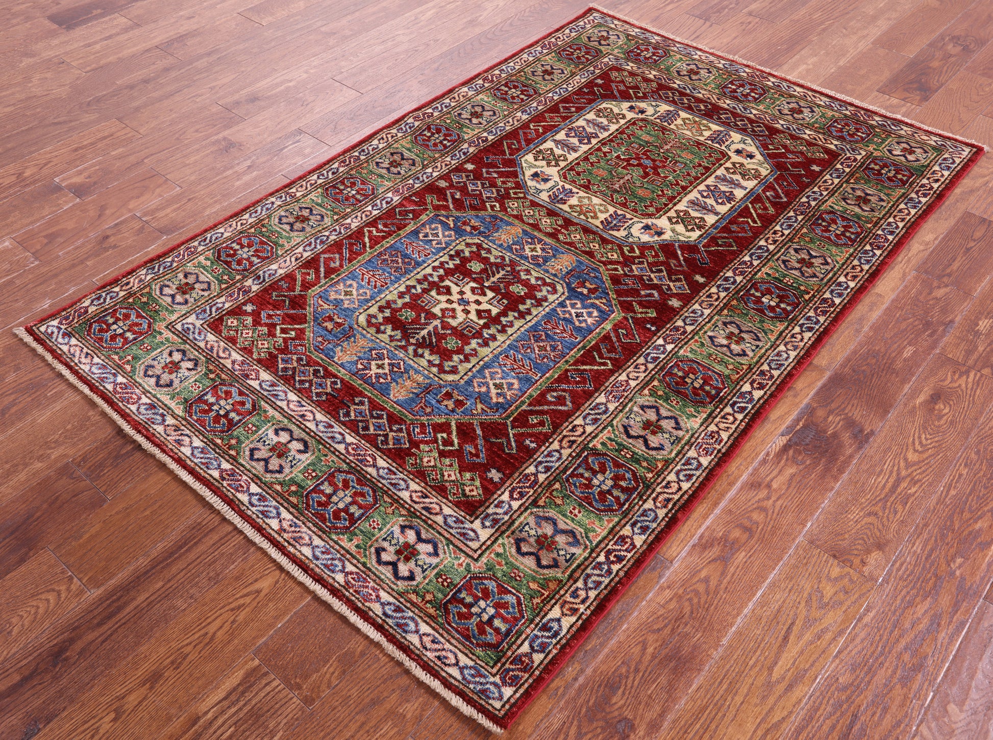 Red Super Kazak Hand Knotted Wool Rug - 4' 0" X 6' 1" - Golden Nile