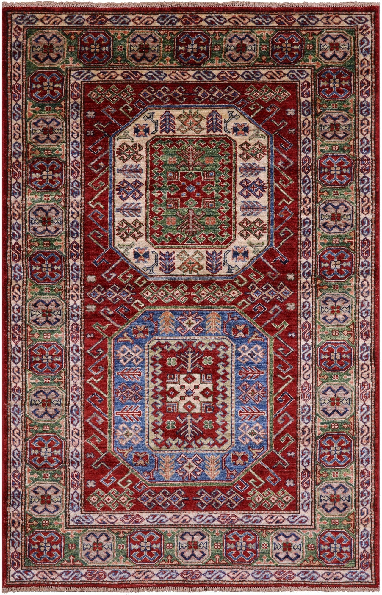 Red Super Kazak Hand Knotted Wool Rug - 4' 0" X 6' 1" - Golden Nile