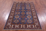 Blue Super Kazak Hand Knotted Wool Rug - 4' 2" X 6' 2" - Golden Nile