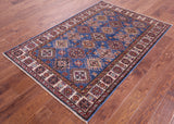 Blue Super Kazak Hand Knotted Wool Rug - 4' 2" X 6' 2" - Golden Nile