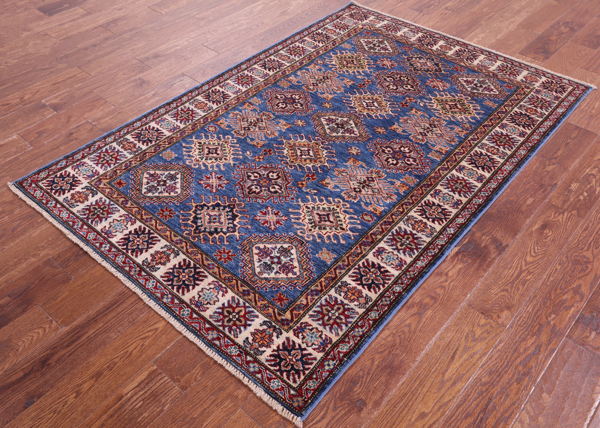 Blue Super Kazak Hand Knotted Wool Rug - 4' 2" X 6' 2" - Golden Nile