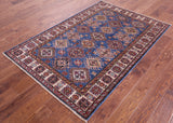 Blue Super Kazak Hand Knotted Wool Rug - 4' 2" X 6' 2" - Golden Nile