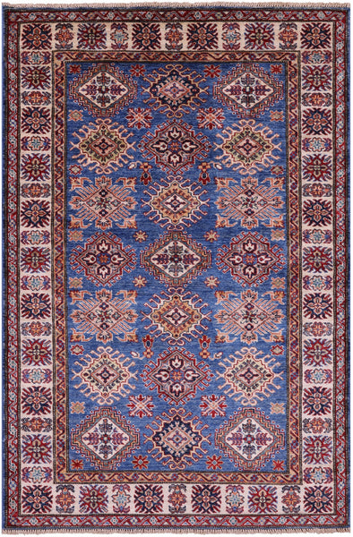 Blue Super Kazak Hand Knotted Wool Rug - 4' 2" X 6' 2" - Golden Nile