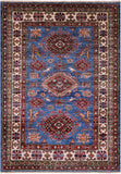 Blue Super Kazak Hand Knotted Wool Rug - 4' 2" X 5' 9" - Golden Nile