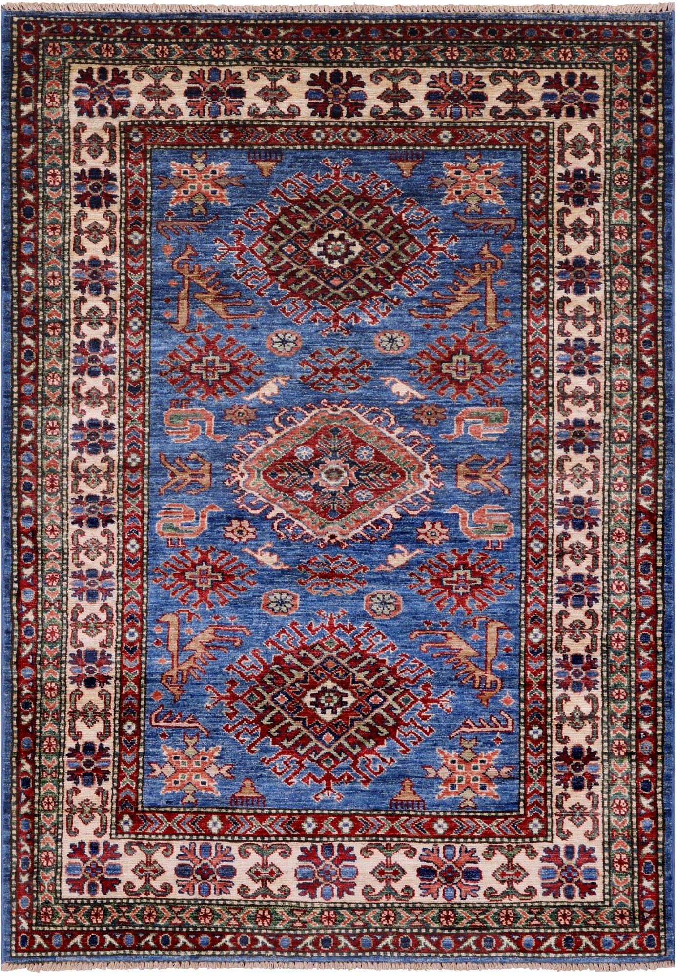 Blue Super Kazak Hand Knotted Wool Rug - 4' 2" X 5' 9" - Golden Nile