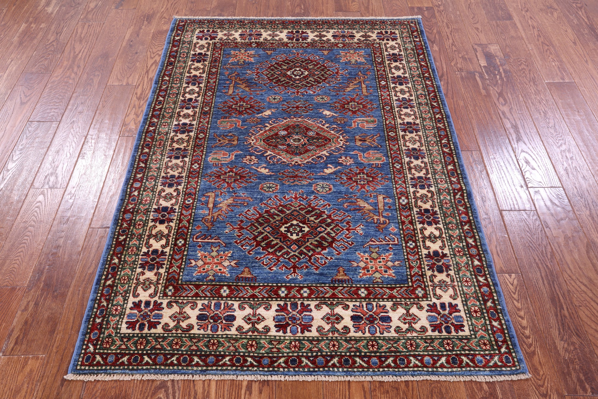 Blue Super Kazak Hand Knotted Wool Rug - 4' 2" X 5' 9" - Golden Nile