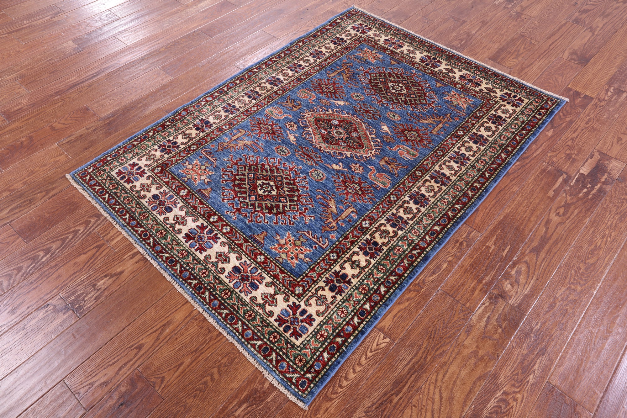 Blue Super Kazak Hand Knotted Wool Rug - 4' 2" X 5' 9" - Golden Nile