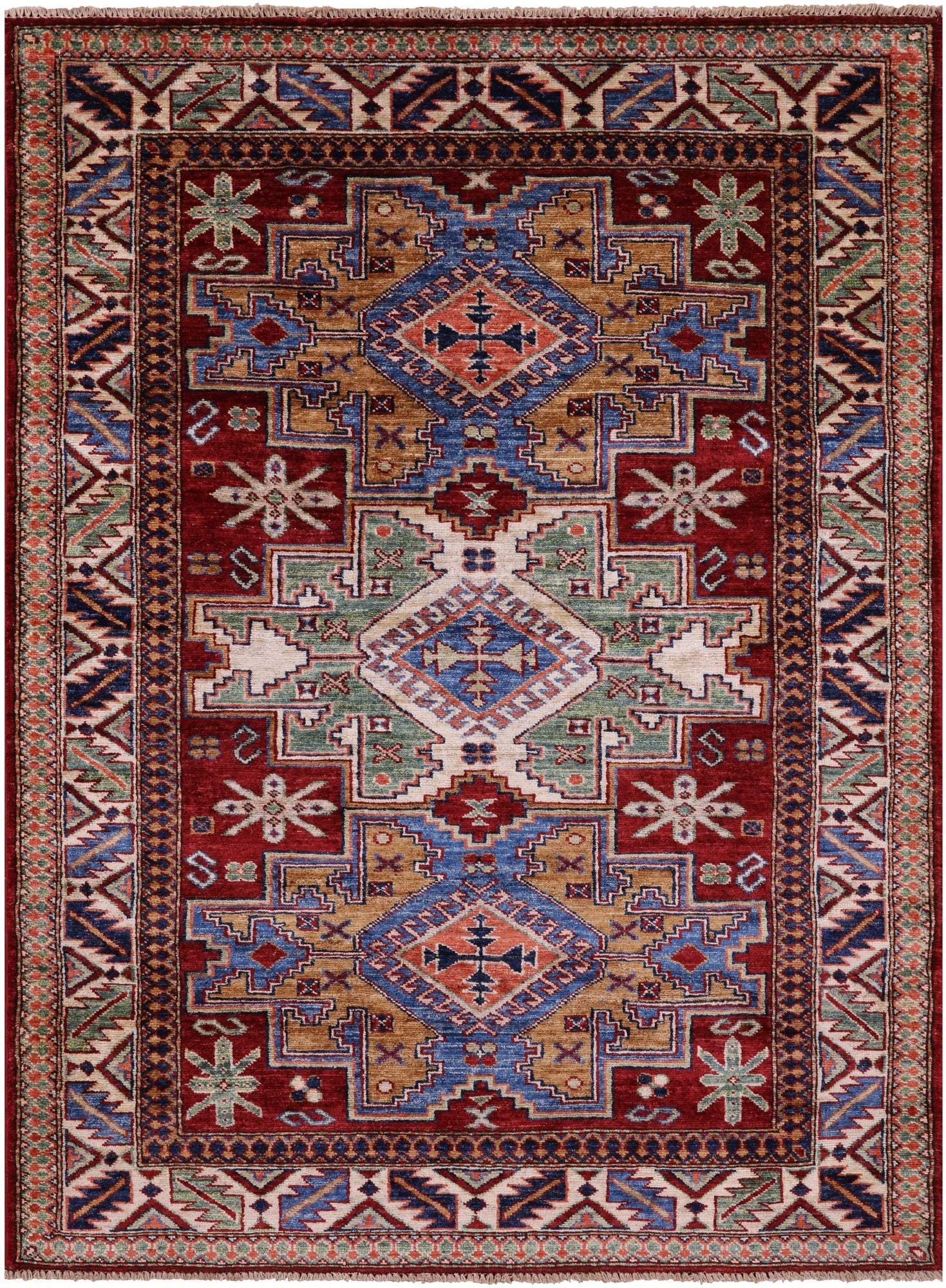 Red Super Kazak Hand Knotted Wool Rug - 4' 2" X 5' 6" - Golden Nile