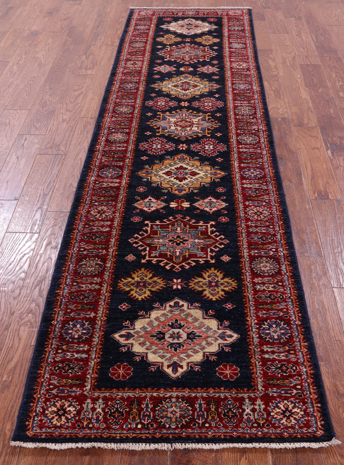 Blue Super Kazak Hand Knotted Wool Runner Rug - 2' 9" X 9' 11" - Golden Nile
