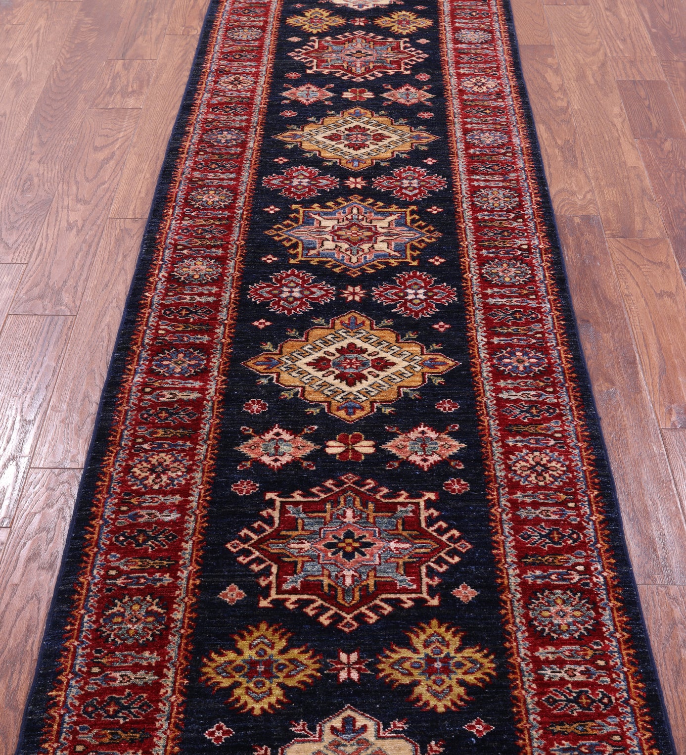 Blue Super Kazak Hand Knotted Wool Runner Rug - 2' 9" X 9' 11" - Golden Nile