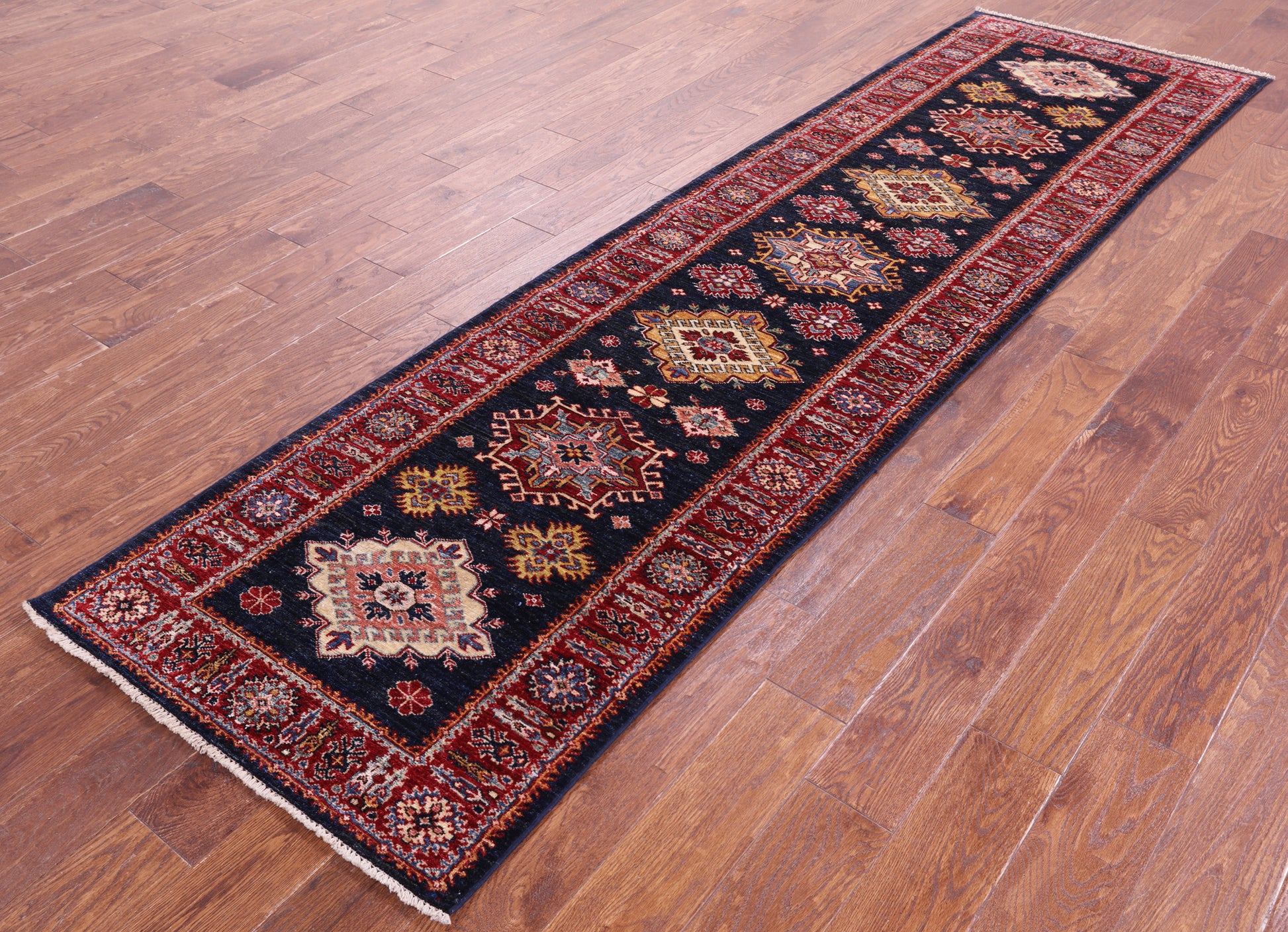 Blue Super Kazak Hand Knotted Wool Runner Rug - 2' 9" X 9' 11" - Golden Nile