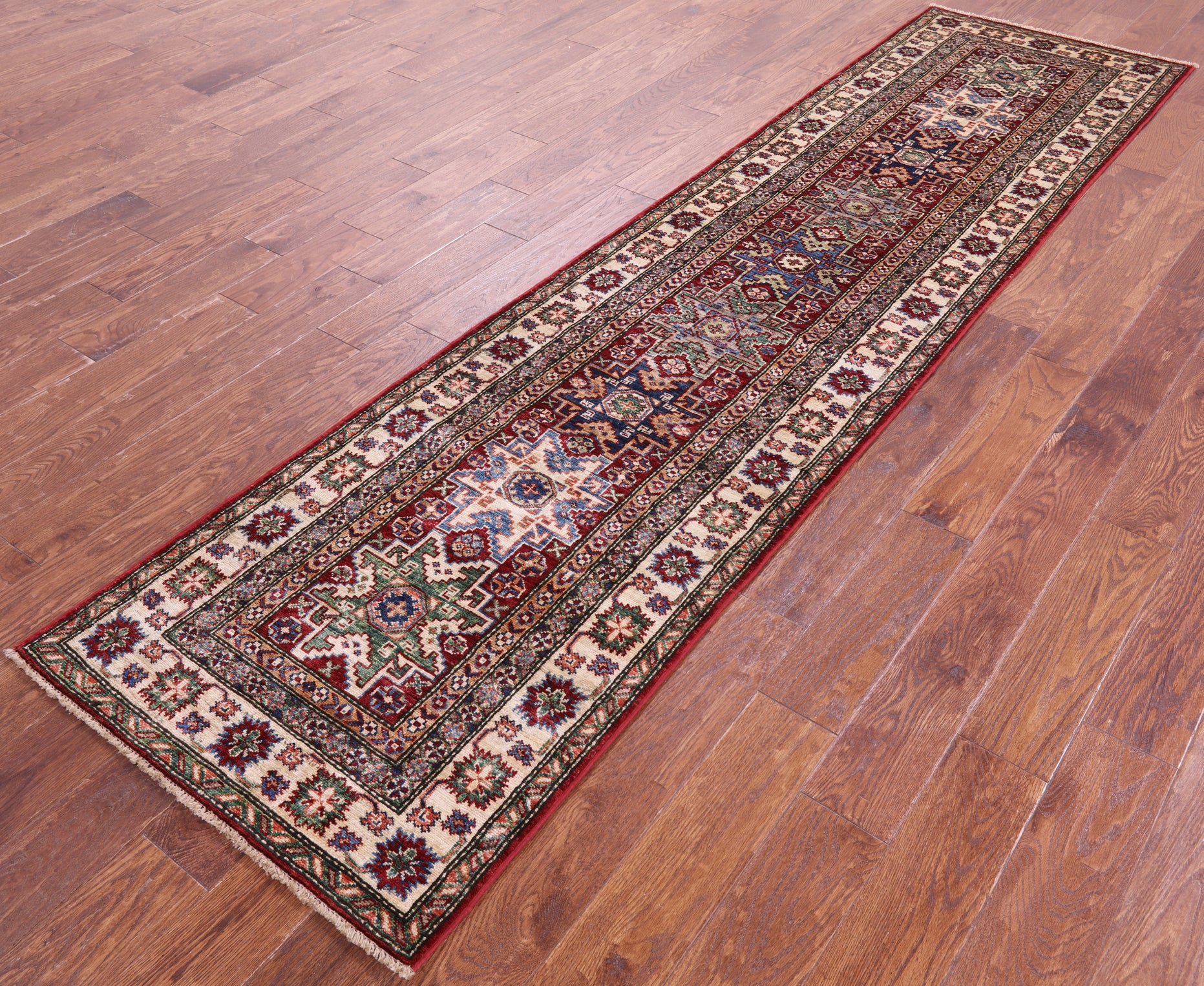 Red Super Kazak Hand Knotted Wool Runner Rug - 2' 7" X 10' 2" - Golden Nile