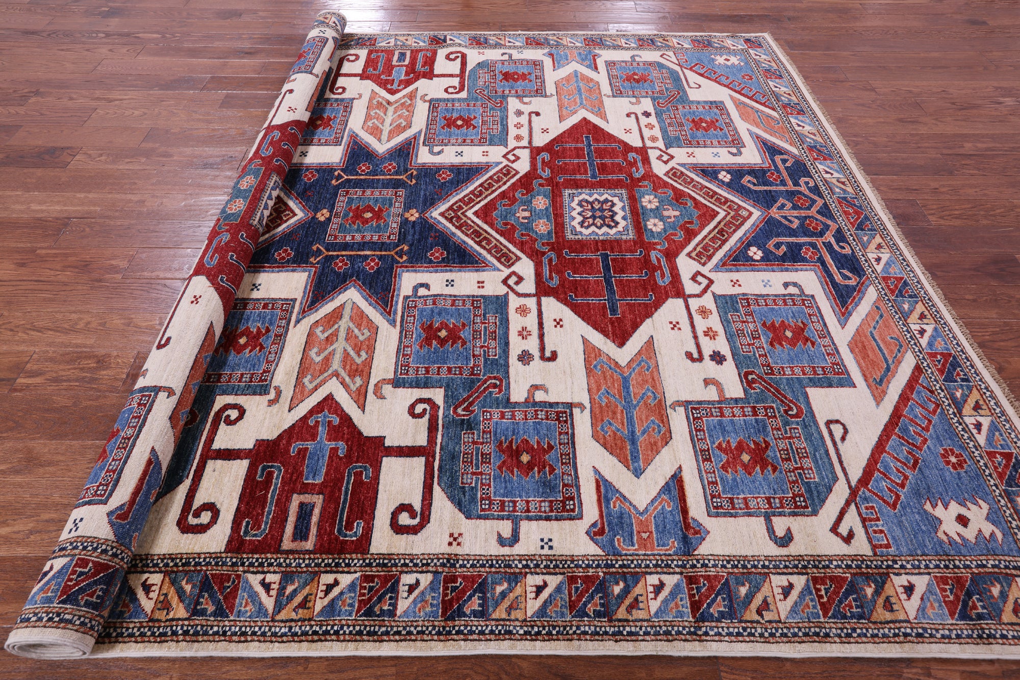 Ivory Super Kazak Hand Knotted Wool Rug - 8' 2" X 9' 11" - Golden Nile