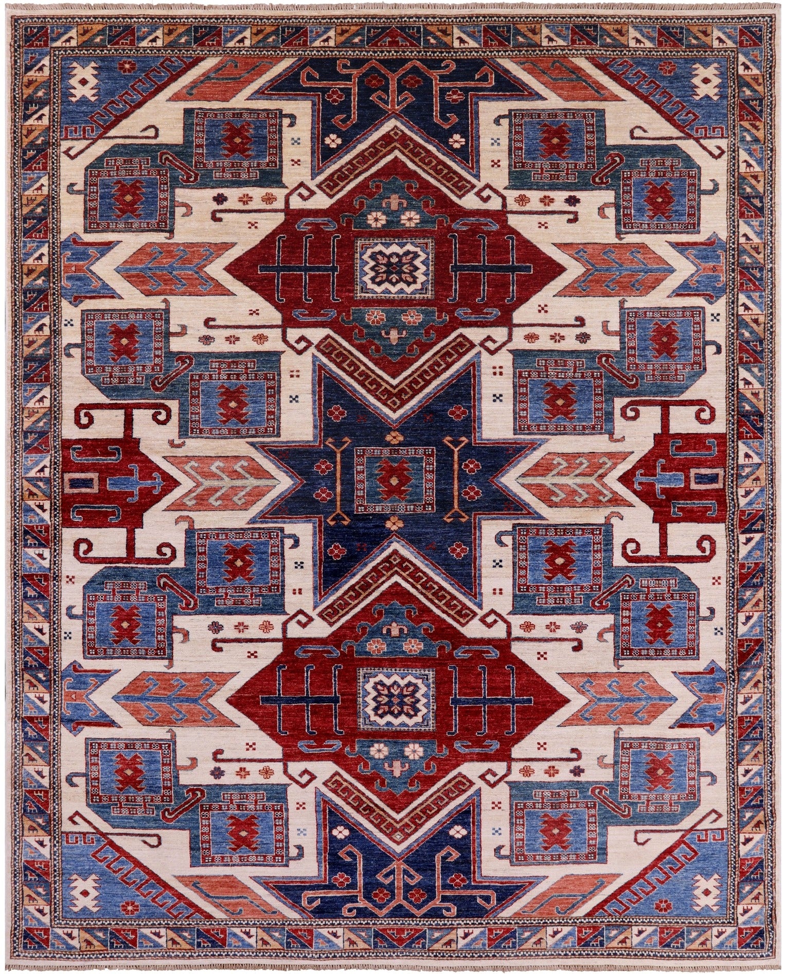 Ivory Super Kazak Hand Knotted Wool Rug - 8' 2" X 9' 11" - Golden Nile