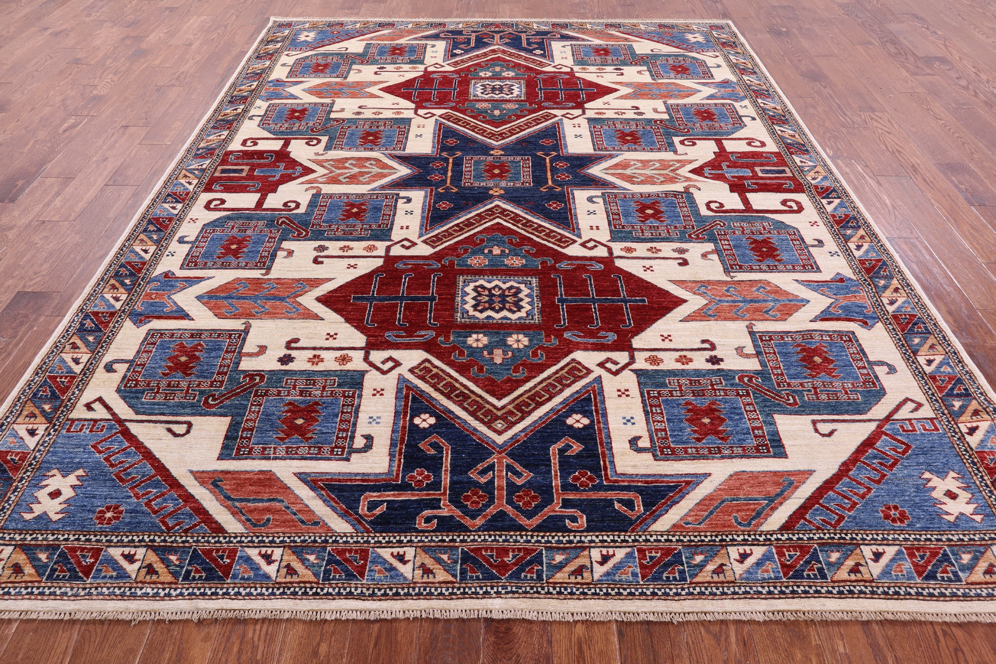 Ivory Super Kazak Hand Knotted Wool Rug - 8' 2" X 9' 11" - Golden Nile
