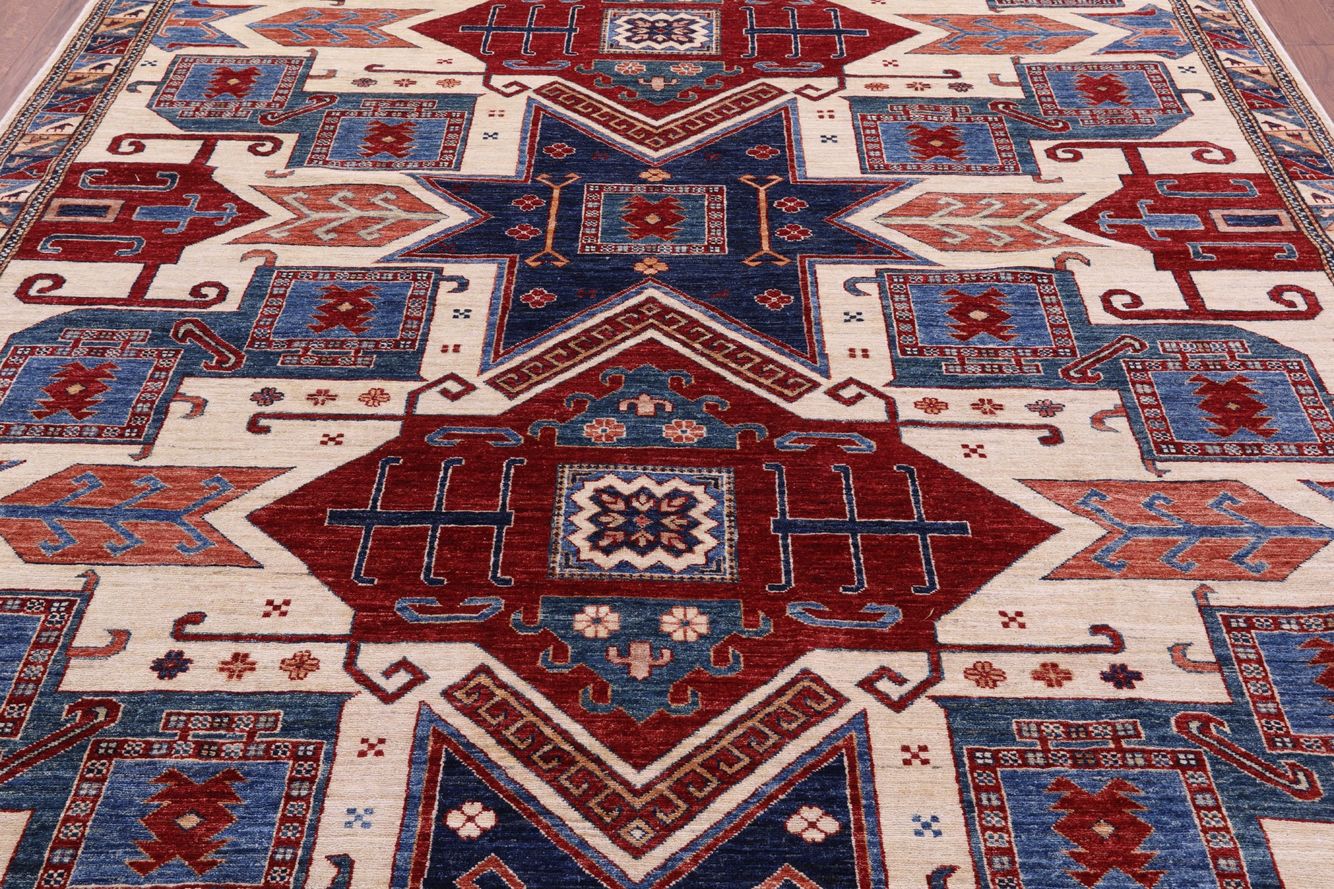 Ivory Super Kazak Hand Knotted Wool Rug - 8' 2" X 9' 11" - Golden Nile