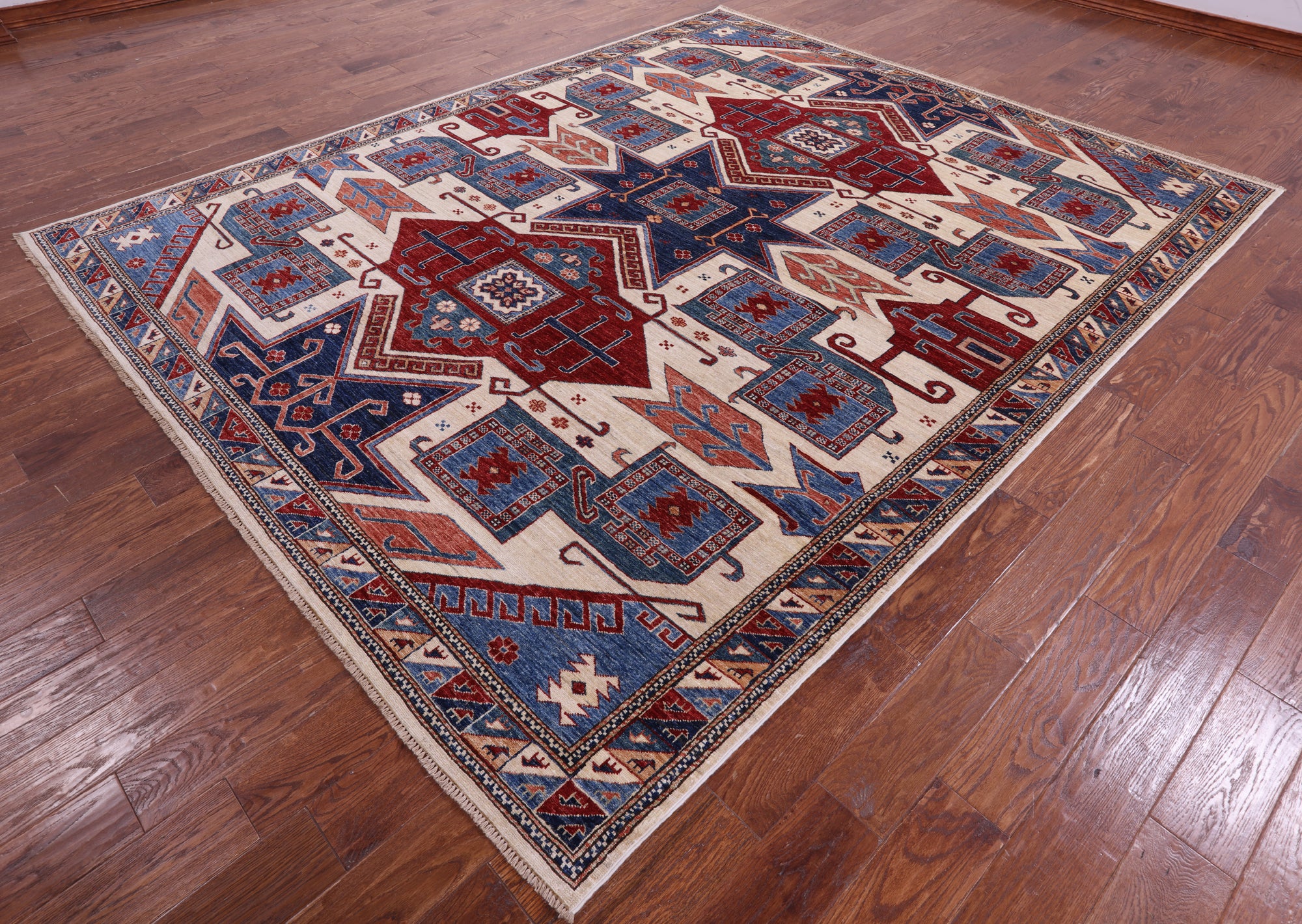 Ivory Super Kazak Hand Knotted Wool Rug - 8' 2" X 9' 11" - Golden Nile