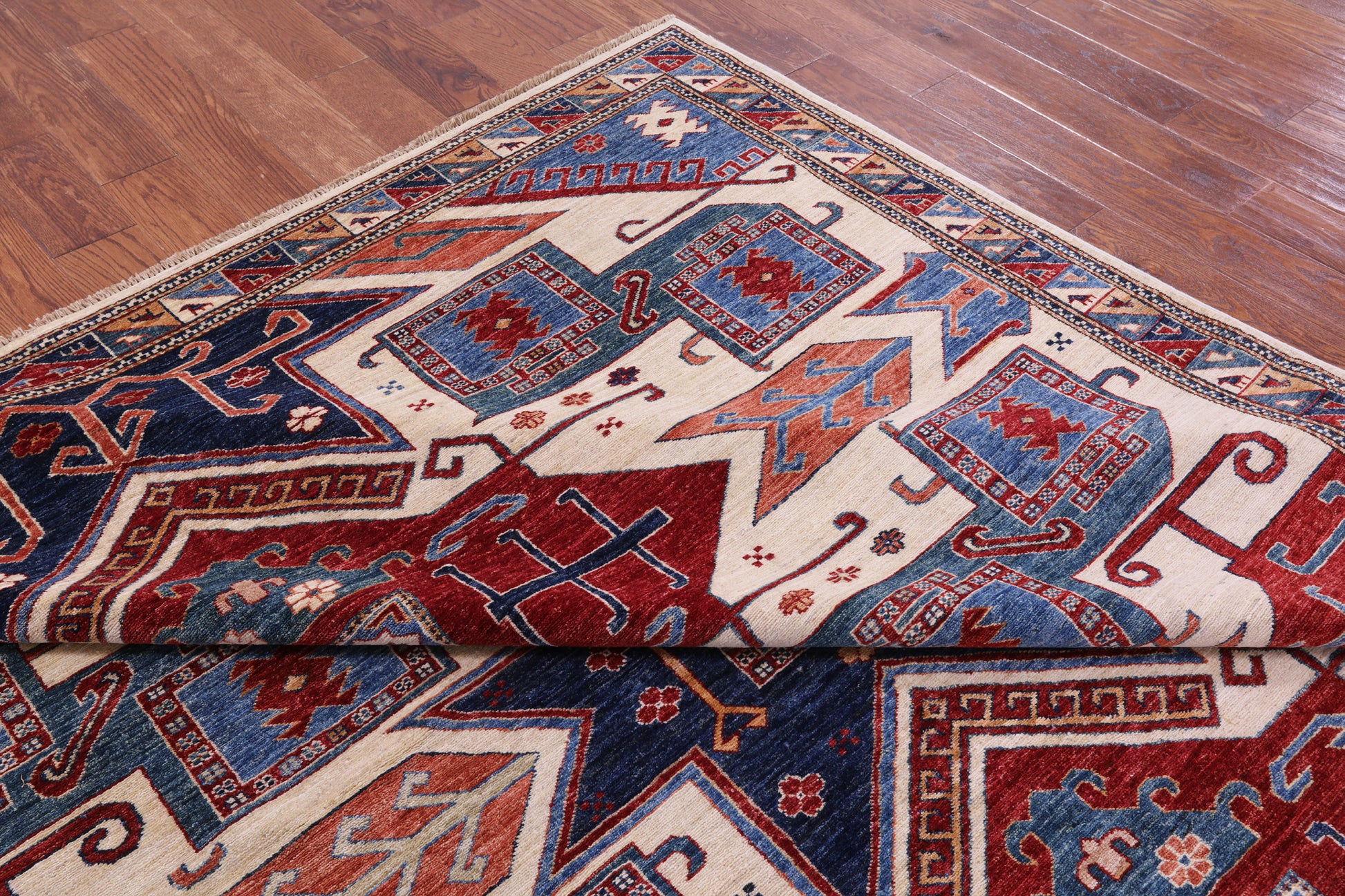 Ivory Super Kazak Hand Knotted Wool Rug - 8' 2" X 9' 11" - Golden Nile