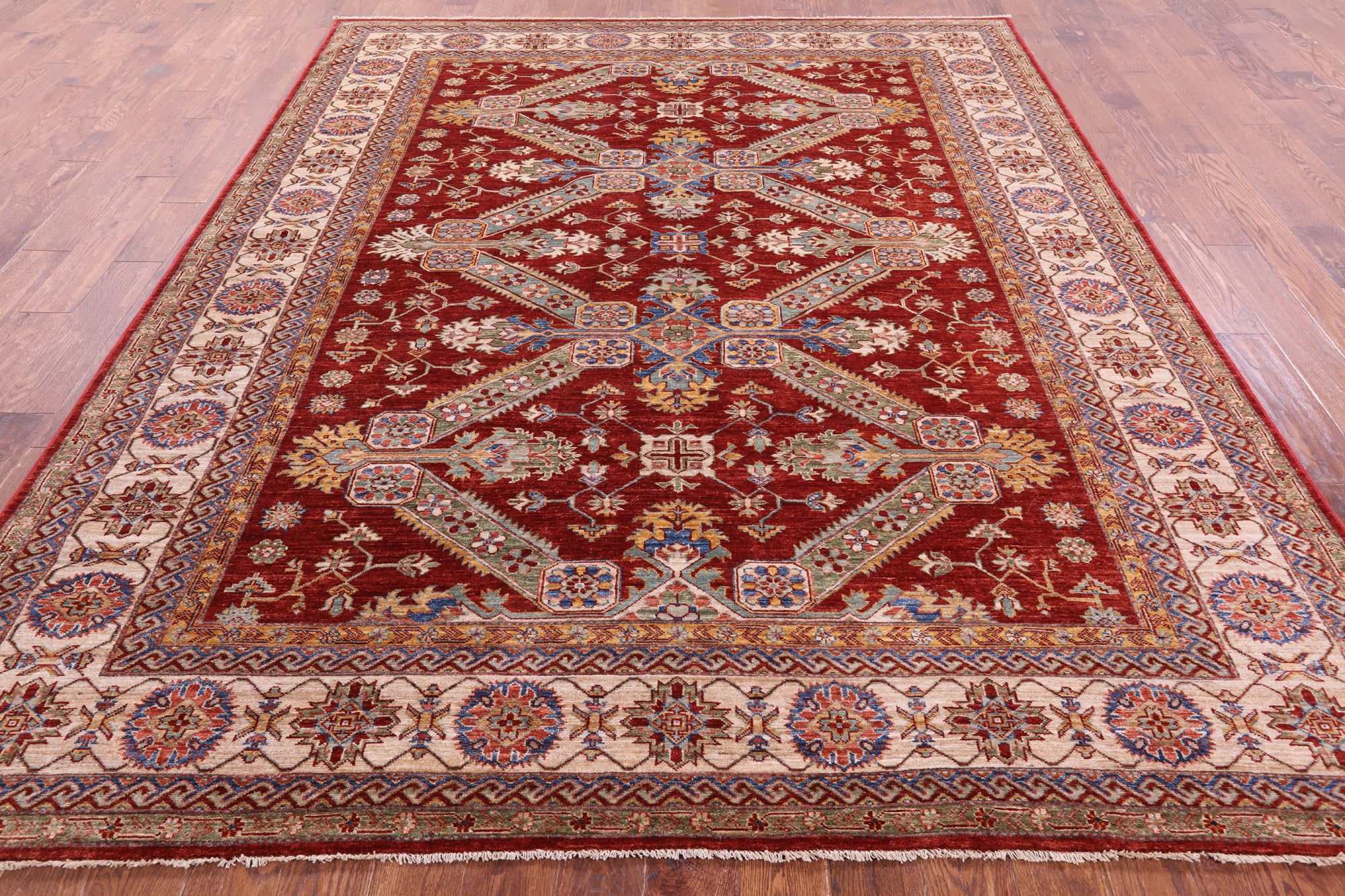 Red Super Kazak Hand Knotted Wool Rug - 8' 4" X 10' 0" - Golden Nile