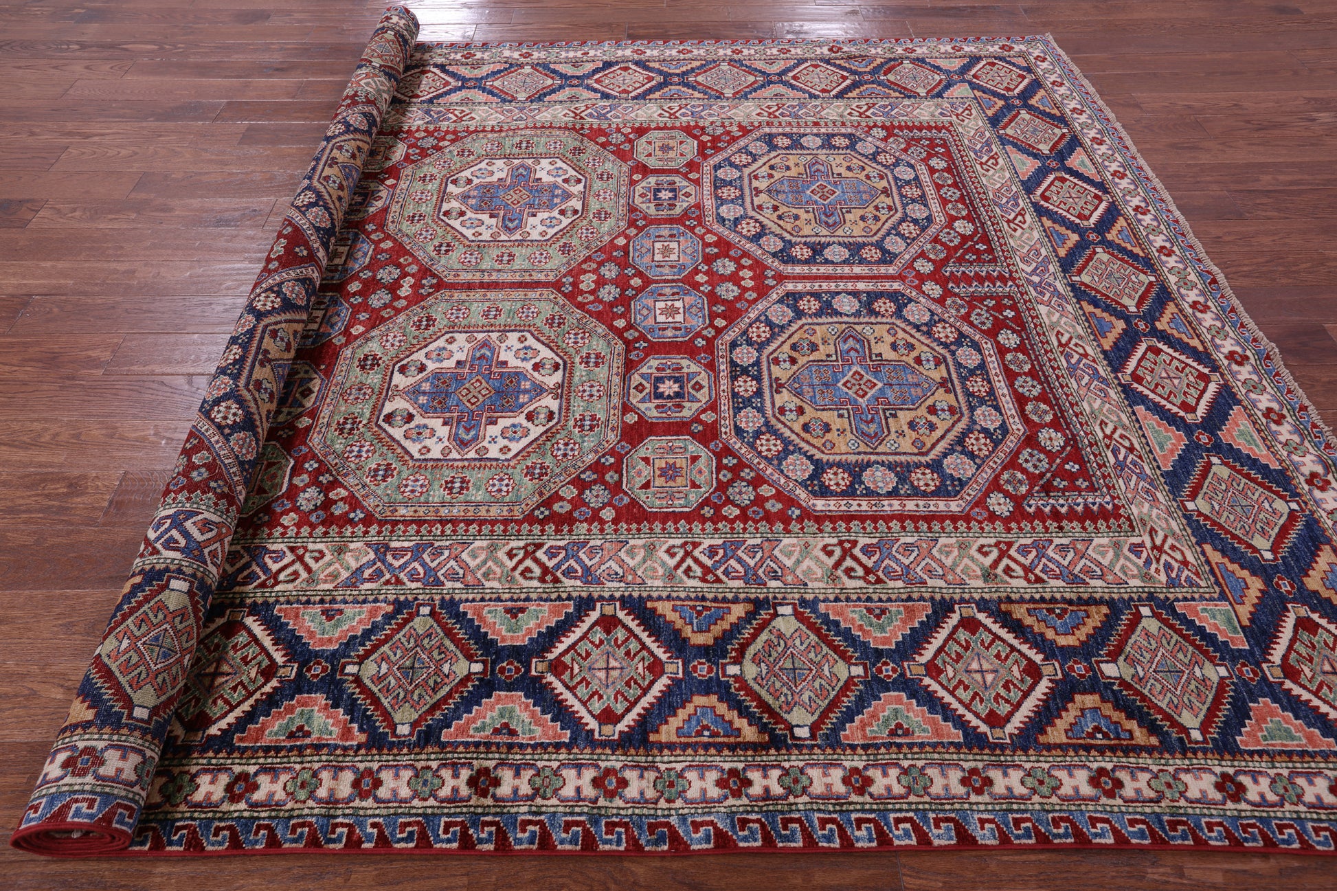 Red Super Kazak Handmade Wool Rug - 8' 0" X 10' 8" - Golden Nile