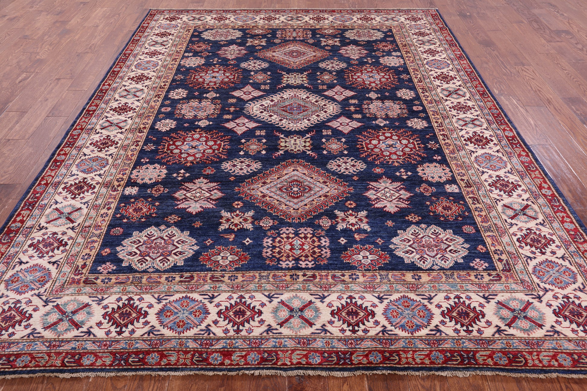 Blue Super Kazak Hand Knotted Wool Rug - 8' 2" X 9' 10" - Golden Nile