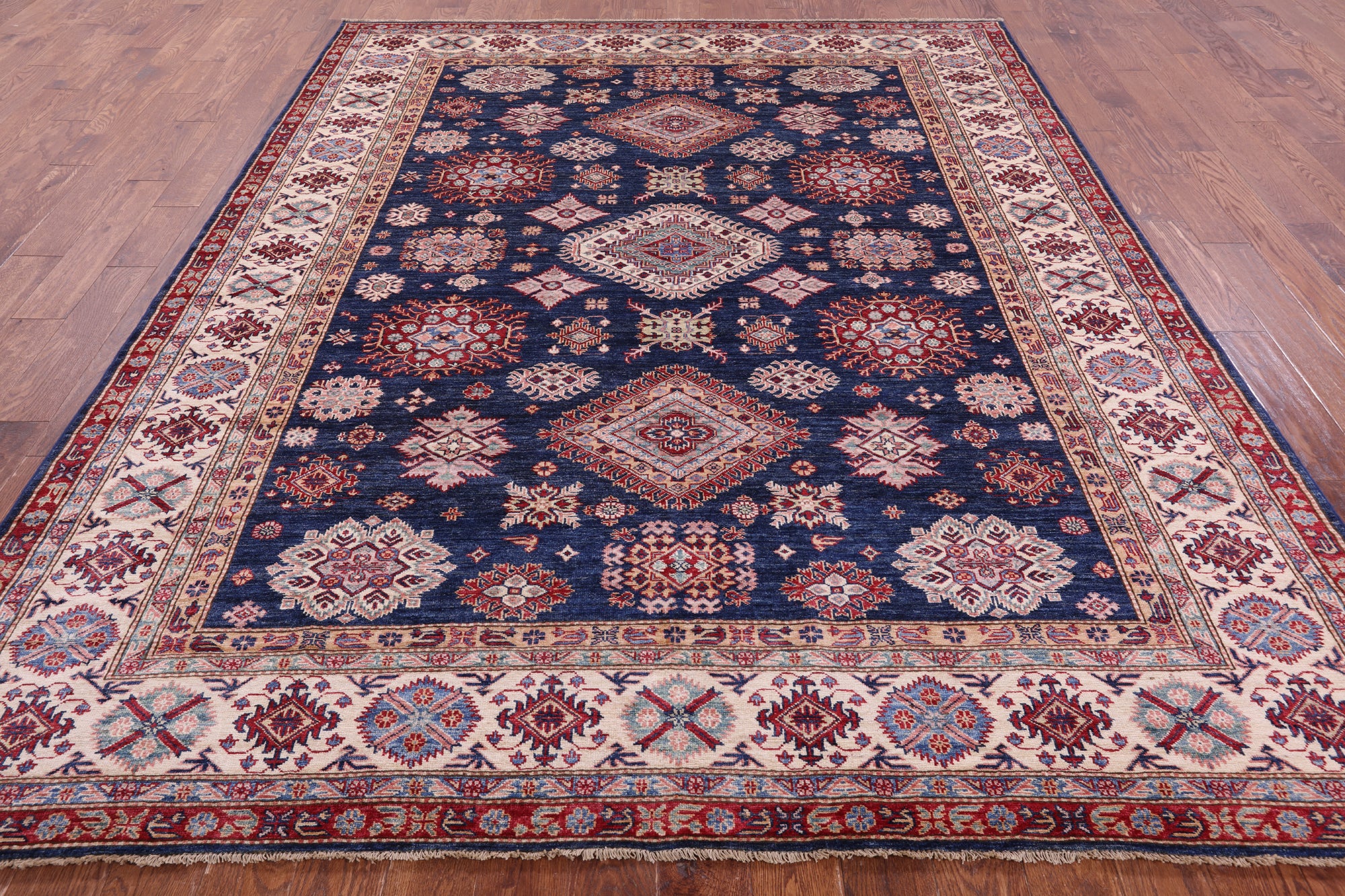 Blue Super Kazak Hand Knotted Wool Rug - 8' 2" X 9' 10" - Golden Nile