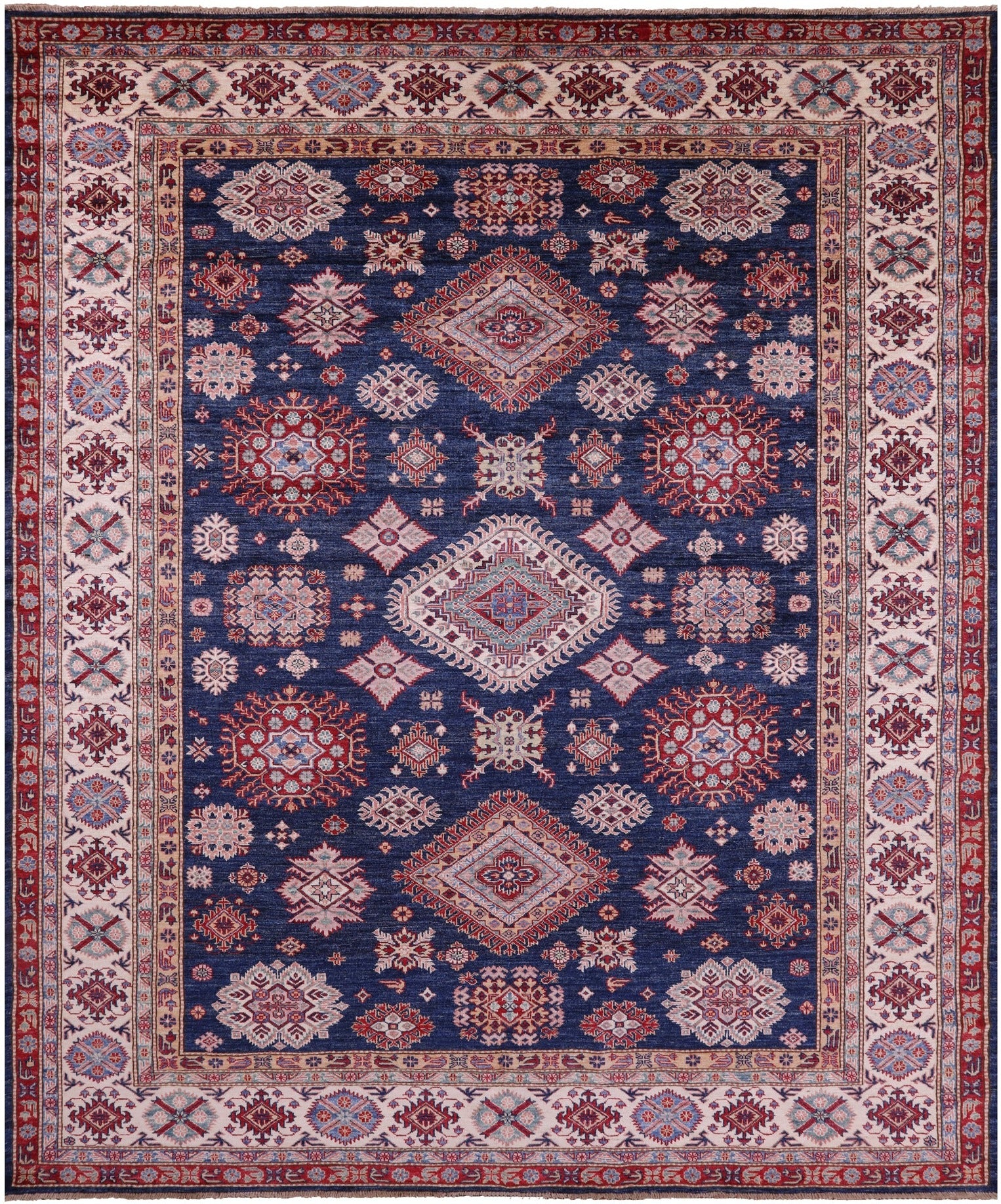 Blue Super Kazak Hand Knotted Wool Rug - 8' 2" X 9' 10" - Golden Nile