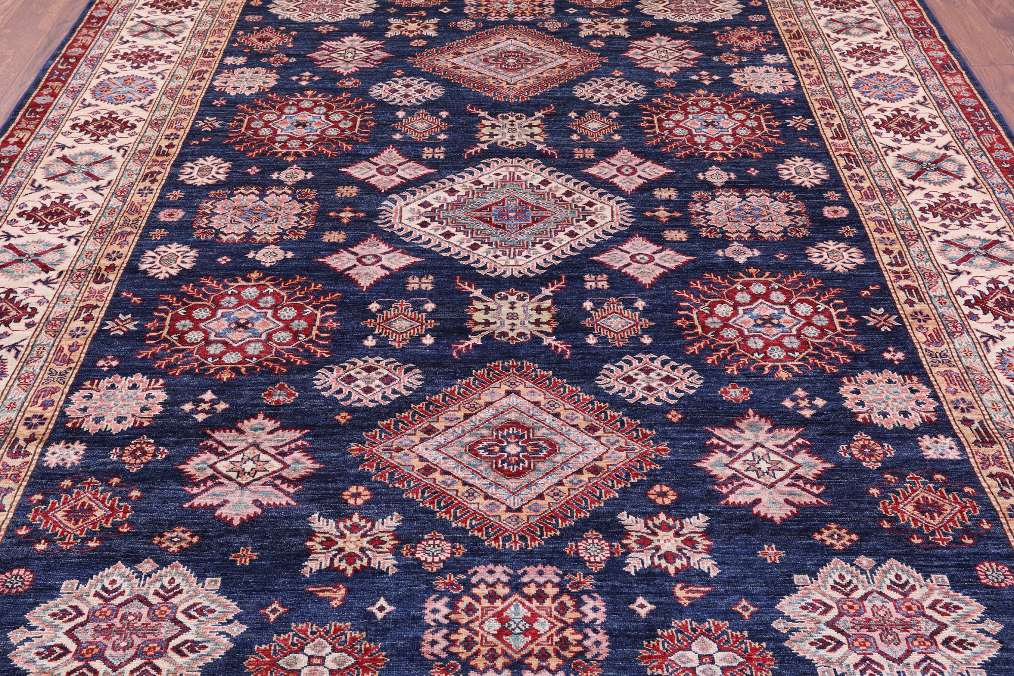 Blue Super Kazak Hand Knotted Wool Rug - 8' 2" X 9' 10" - Golden Nile
