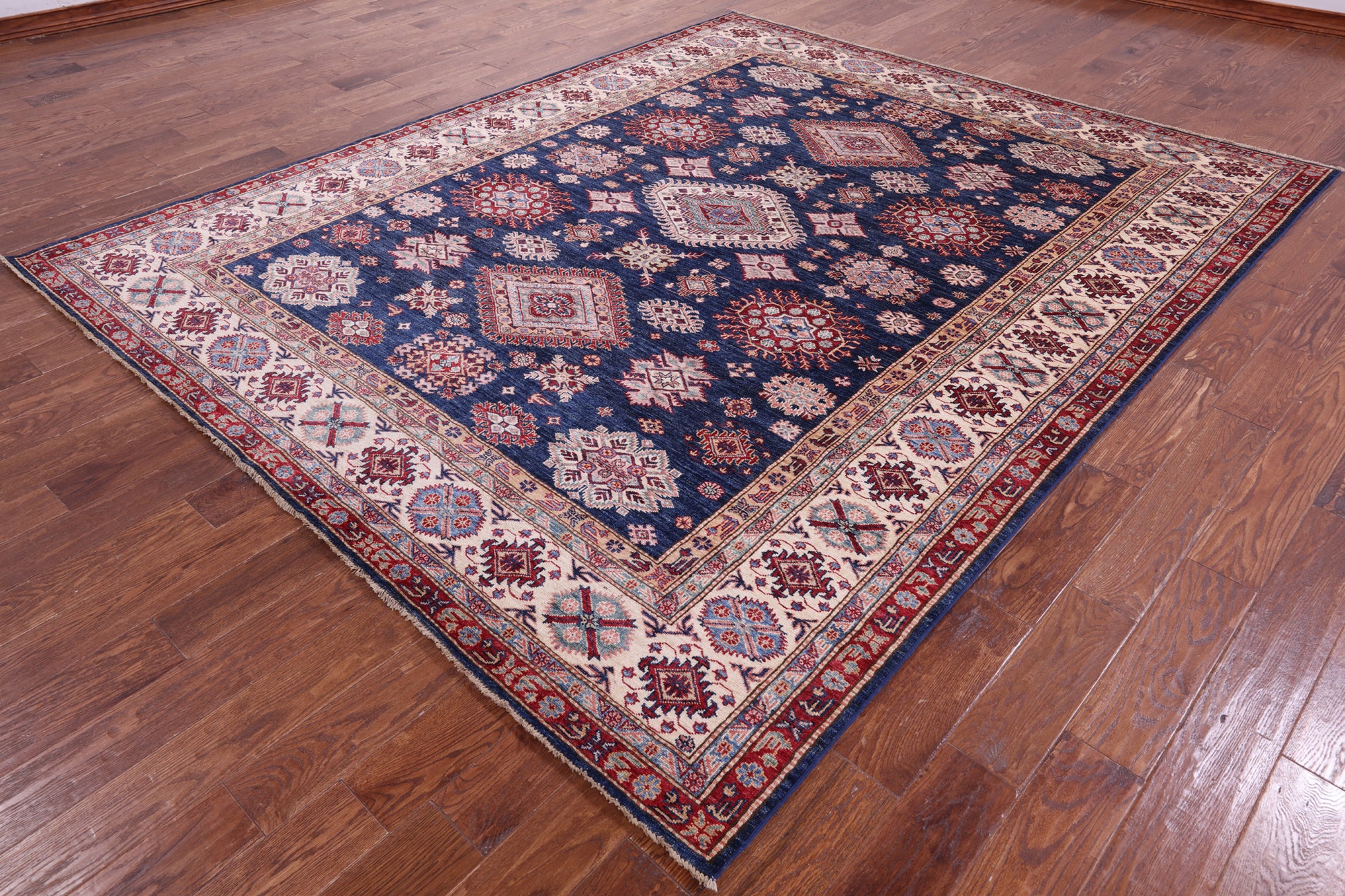 Blue Super Kazak Hand Knotted Wool Rug - 8' 2" X 9' 10" - Golden Nile
