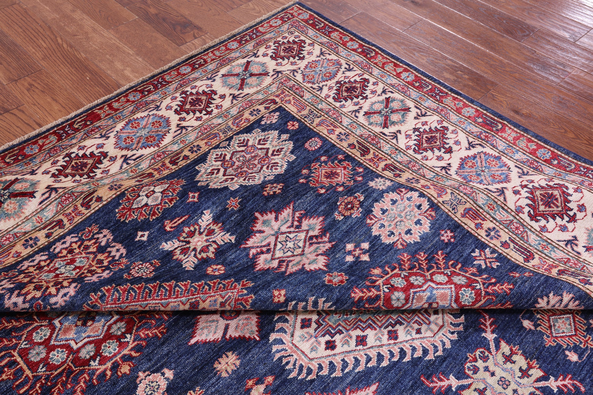 Blue Super Kazak Hand Knotted Wool Rug - 8' 2" X 9' 10" - Golden Nile