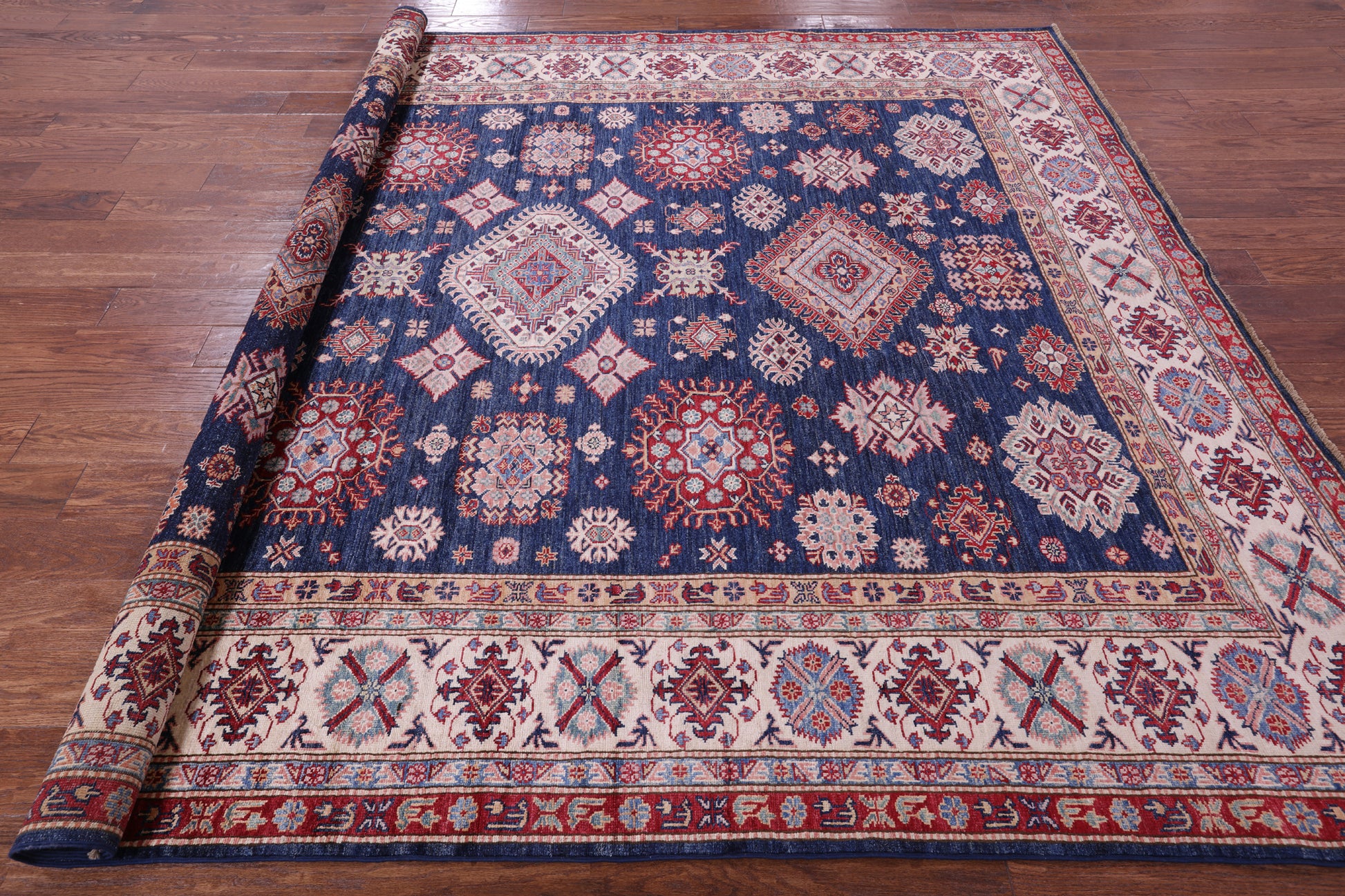 Blue Super Kazak Hand Knotted Wool Rug - 8' 2" X 9' 10" - Golden Nile