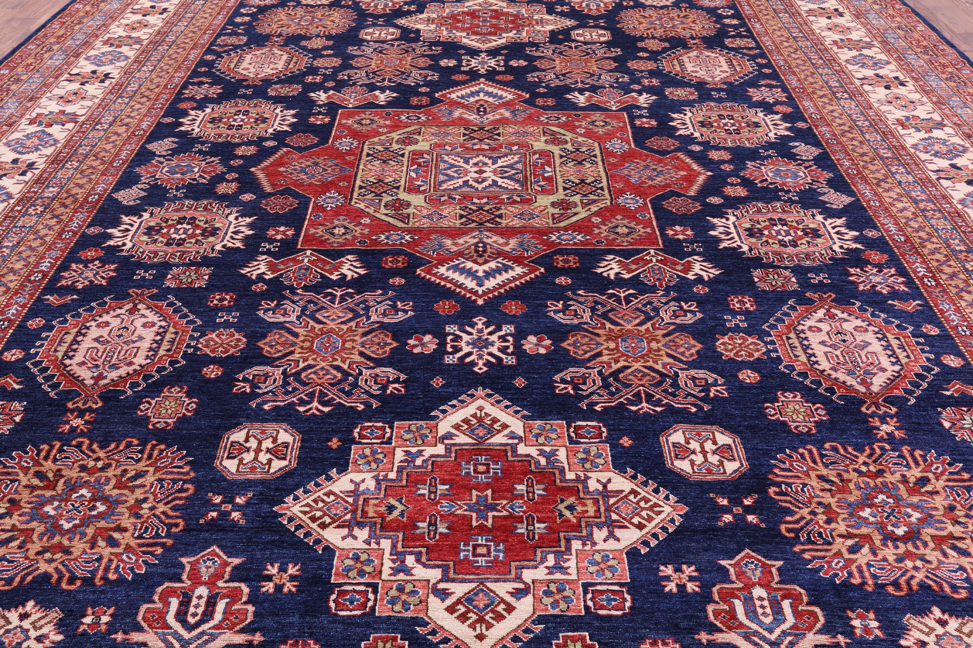 Blue Super Kazak Hand Knotted Wool Rug - 12' 2" X 15' 10" - Golden Nile