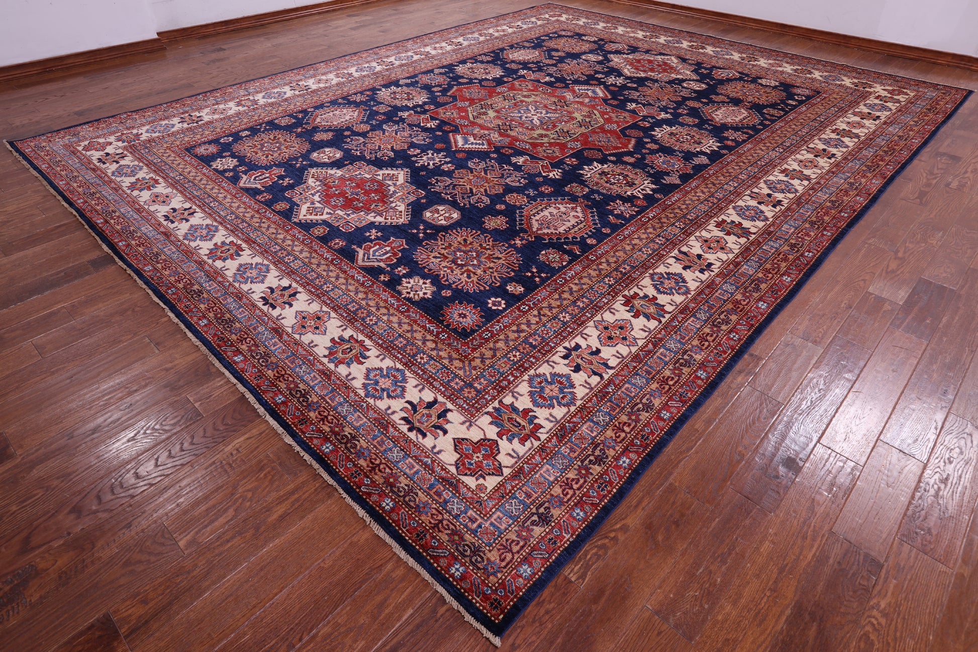 Blue Super Kazak Hand Knotted Wool Rug - 12' 2" X 15' 10" - Golden Nile