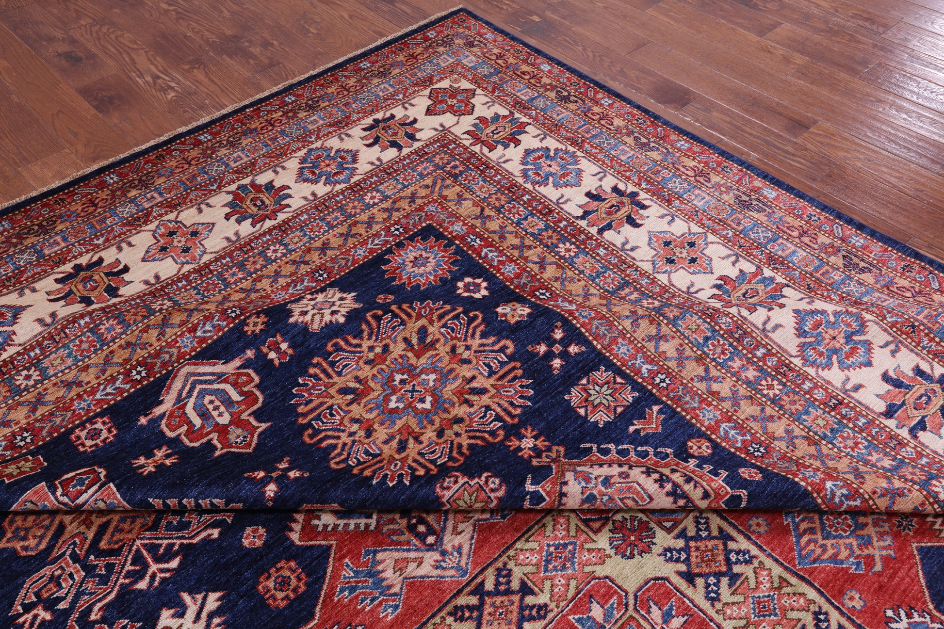 Blue Super Kazak Hand Knotted Wool Rug - 12' 2" X 15' 10" - Golden Nile