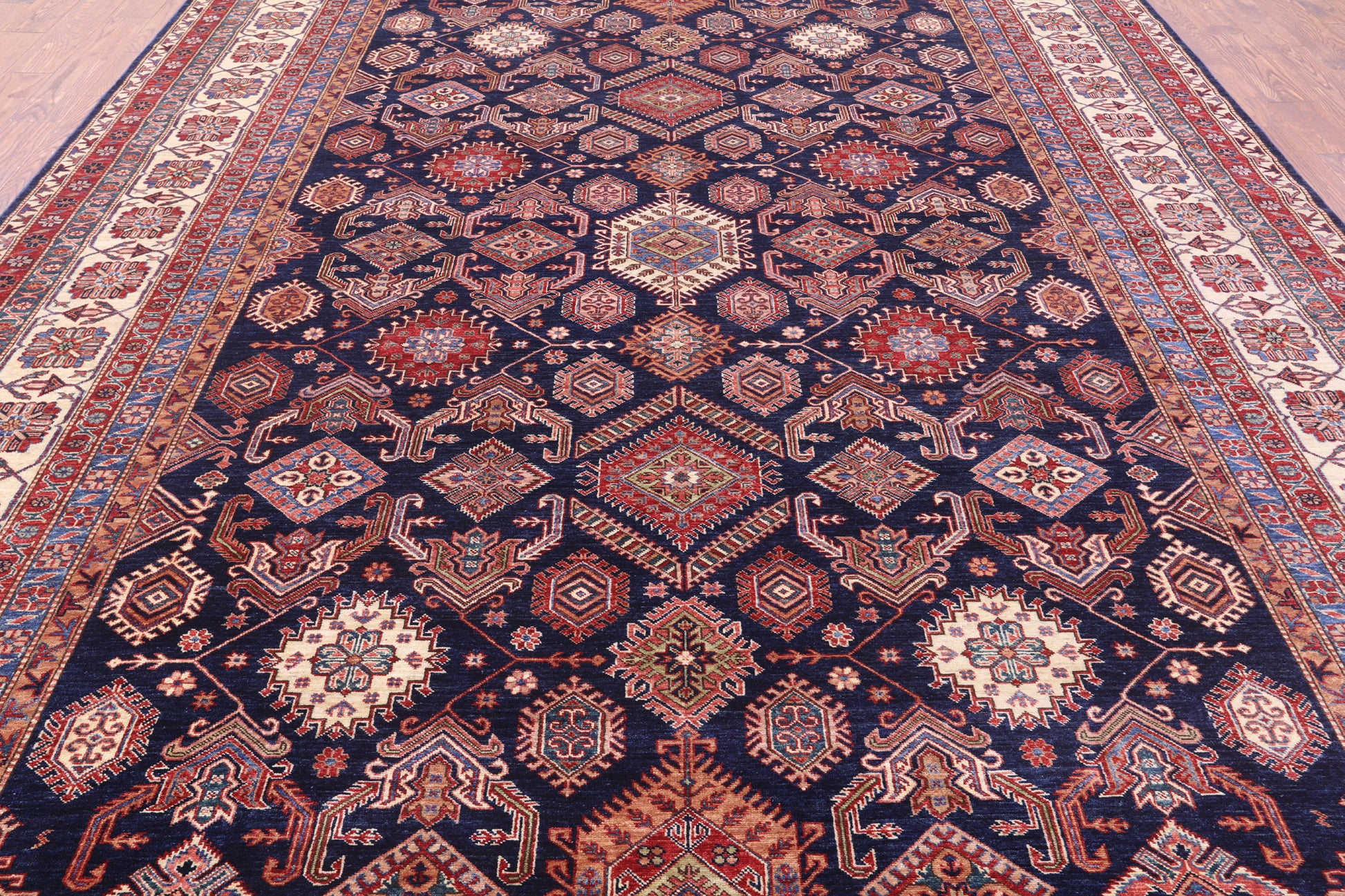 Blue Super Kazak Hand Knotted Wool Rug - 10' 0" X 13' 10" - Golden Nile