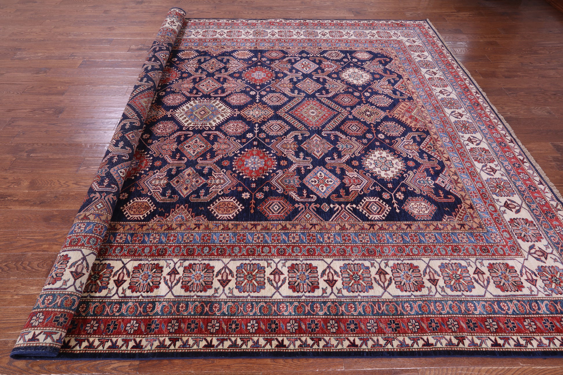 Blue Super Kazak Hand Knotted Wool Rug - 10' 0" X 13' 10" - Golden Nile