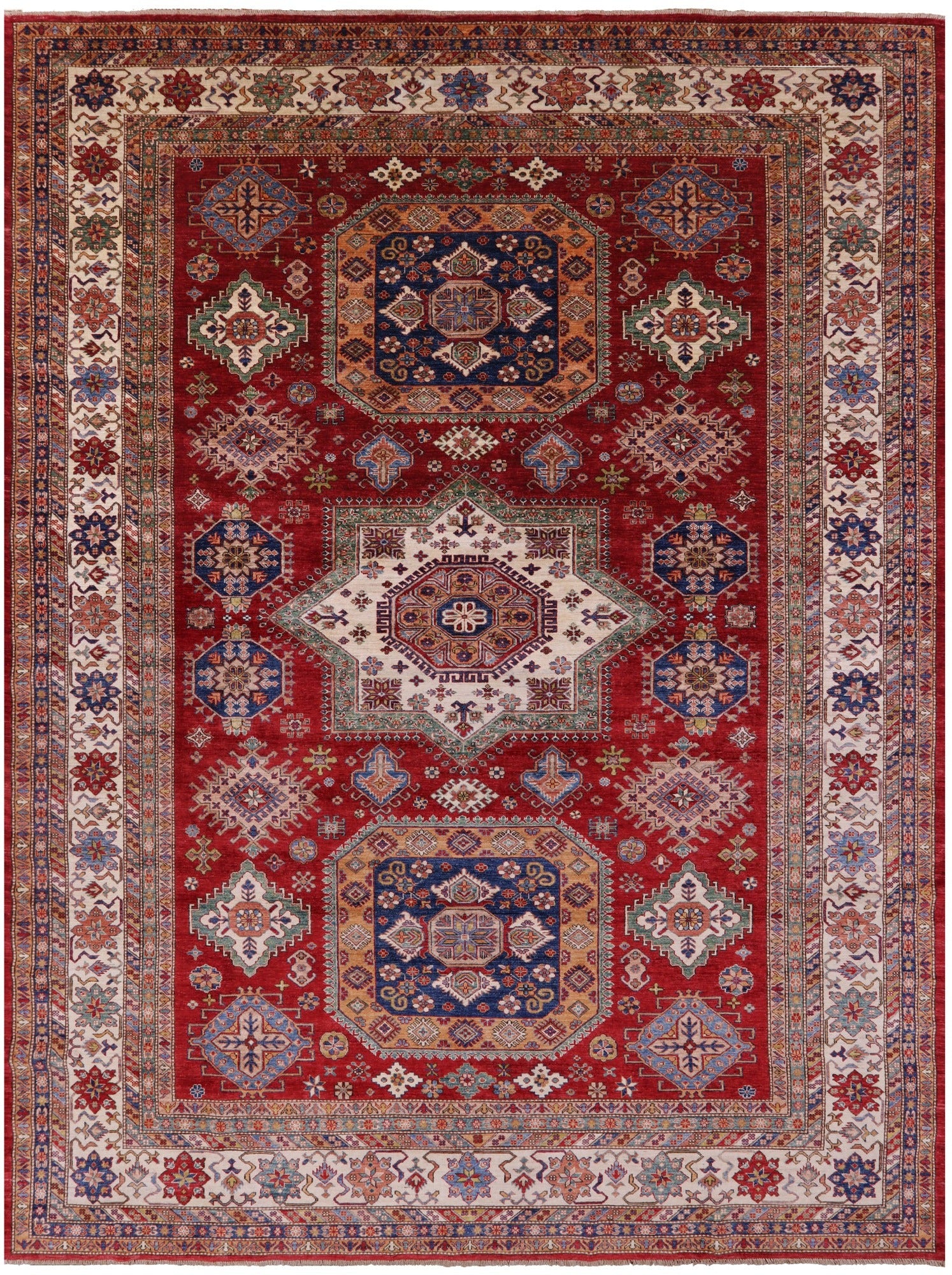 Red Super Kazak Hand Knotted Wool Rug - 9' 9" X 13' 2" - Golden Nile