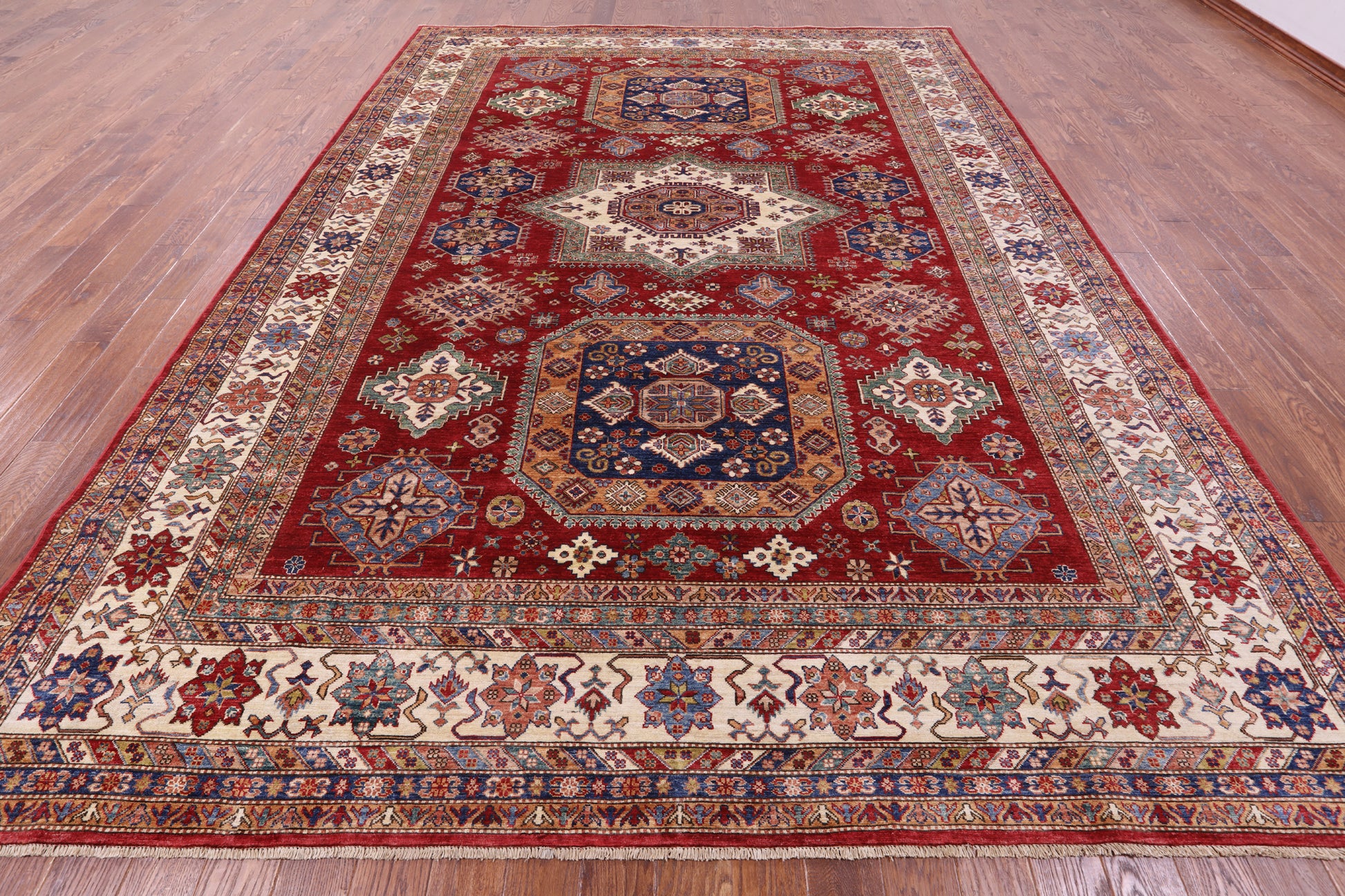 Red Super Kazak Hand Knotted Wool Rug - 9' 9" X 13' 2" - Golden Nile