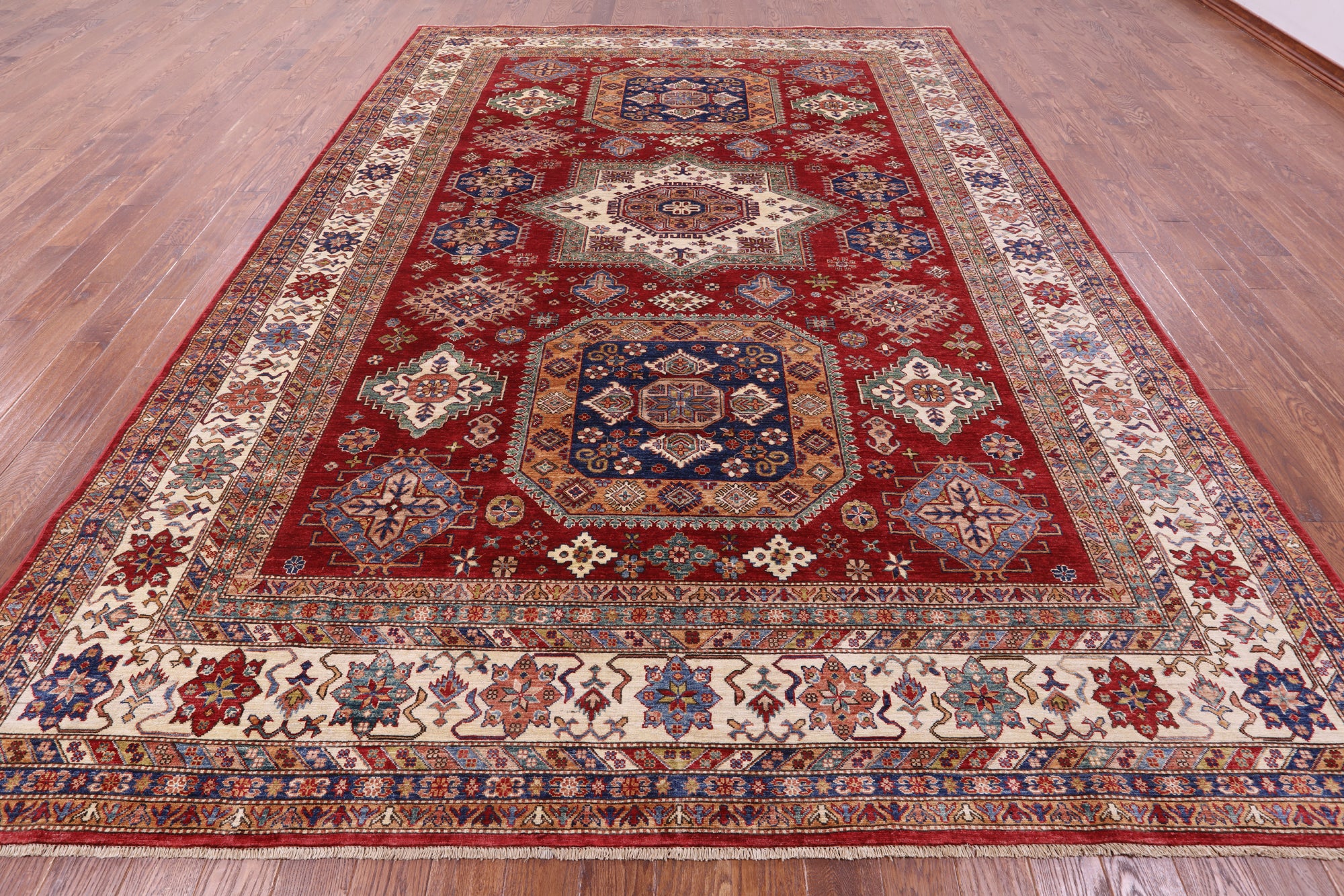 Red Super Kazak Hand Knotted Wool Rug - 9' 9" X 13' 2" - Golden Nile