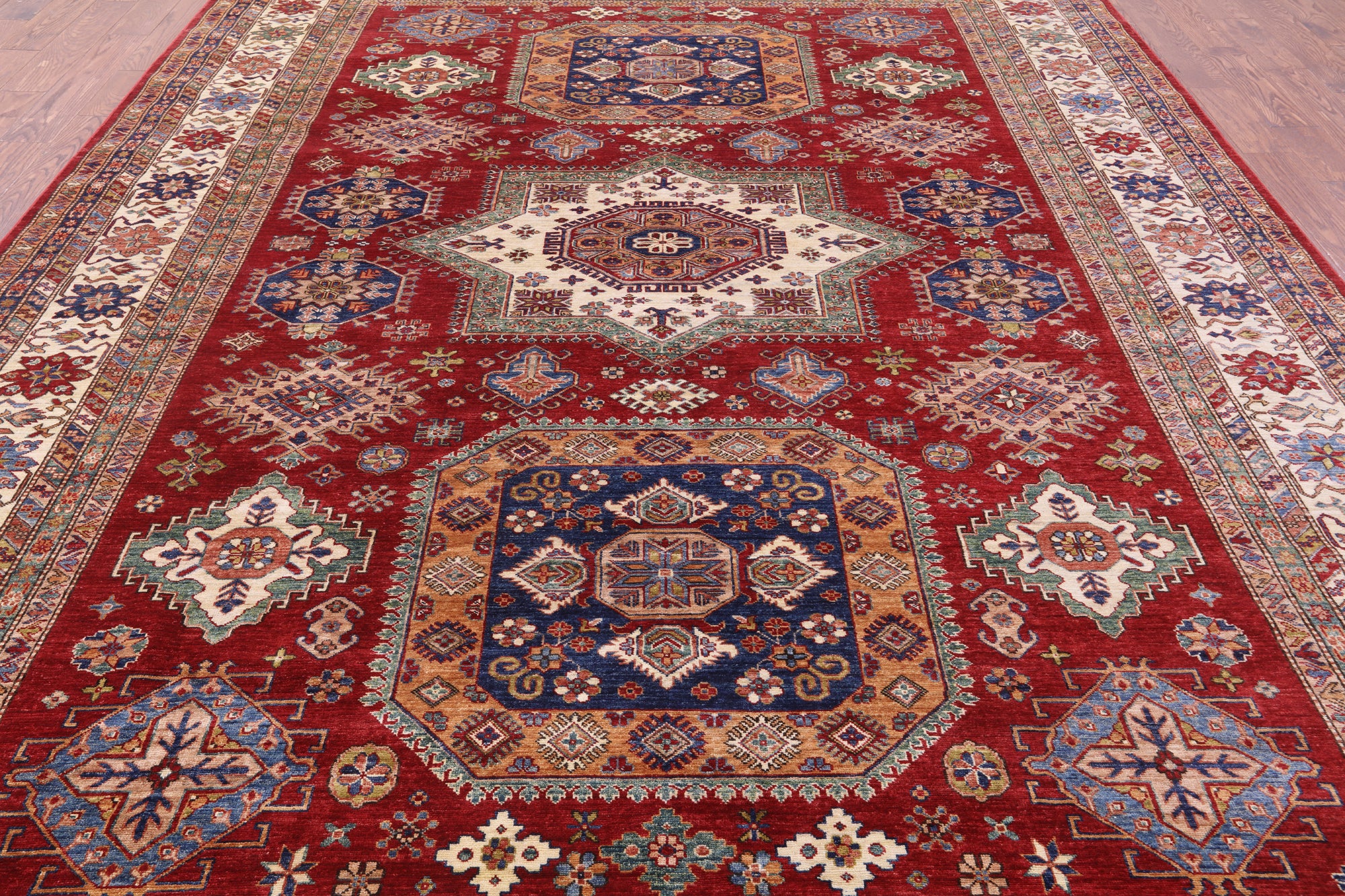 Red Super Kazak Hand Knotted Wool Rug - 9' 9" X 13' 2" - Golden Nile