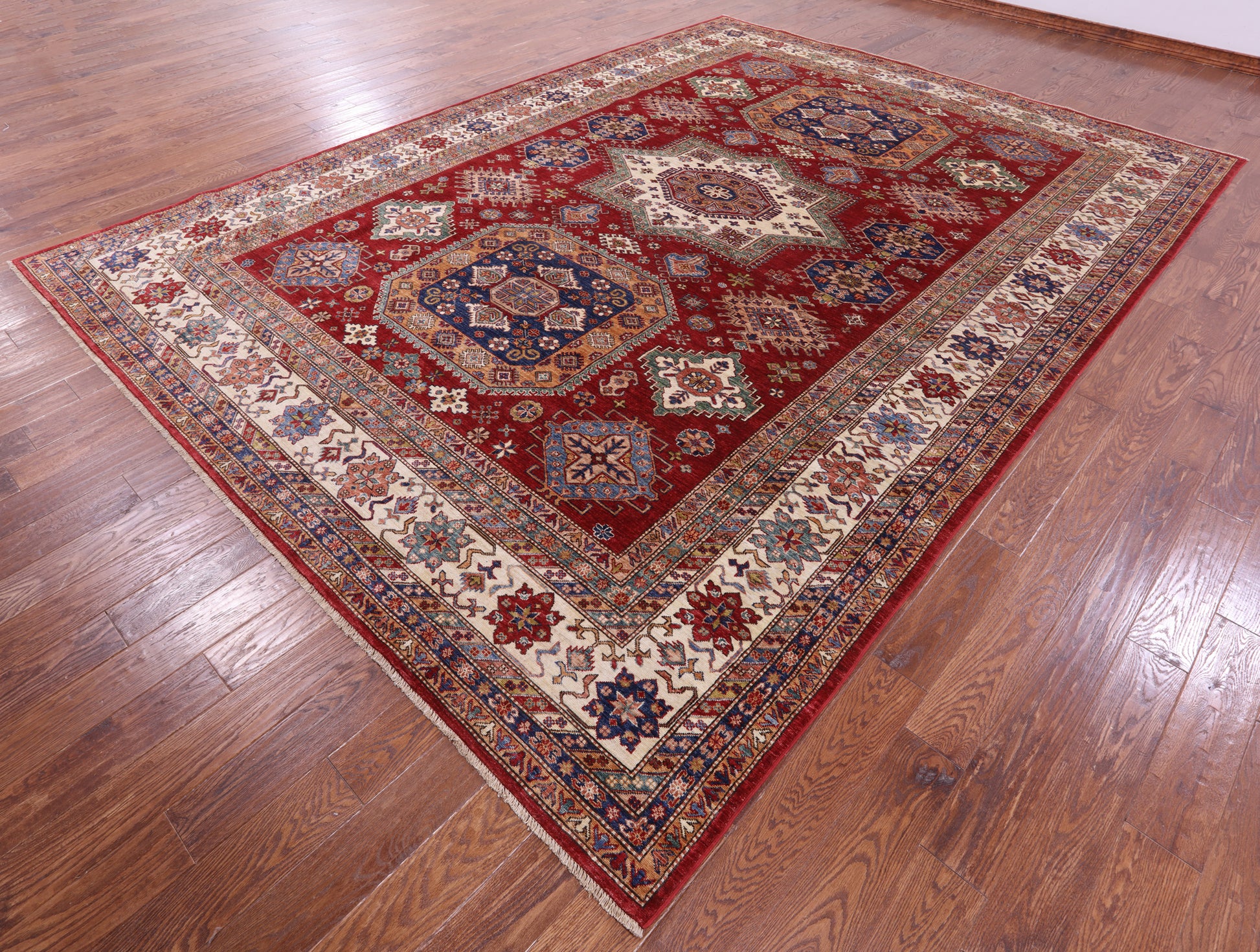 Red Super Kazak Hand Knotted Wool Rug - 9' 9" X 13' 2" - Golden Nile