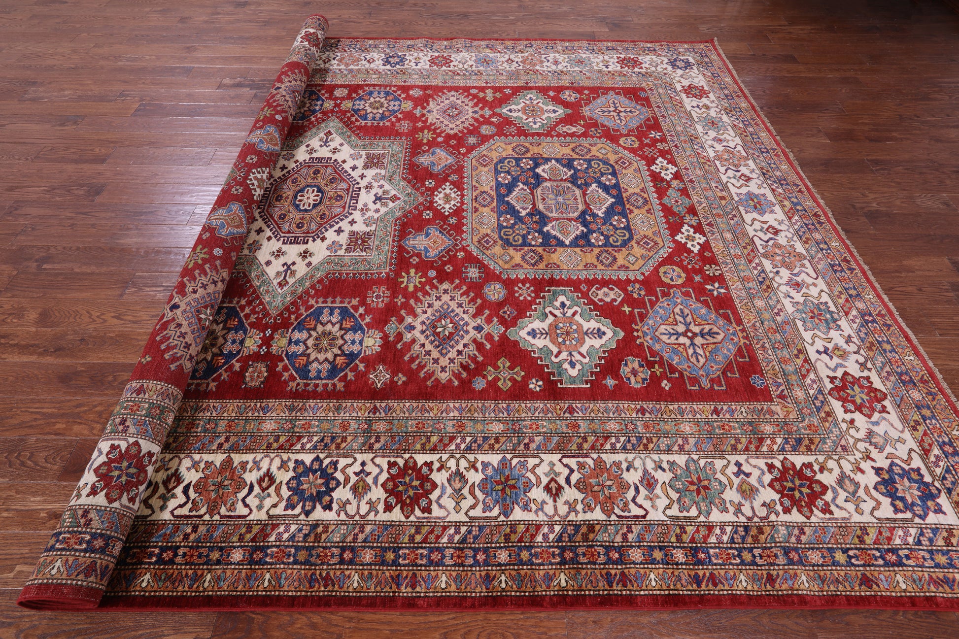 Red Super Kazak Hand Knotted Wool Rug - 9' 9" X 13' 2" - Golden Nile